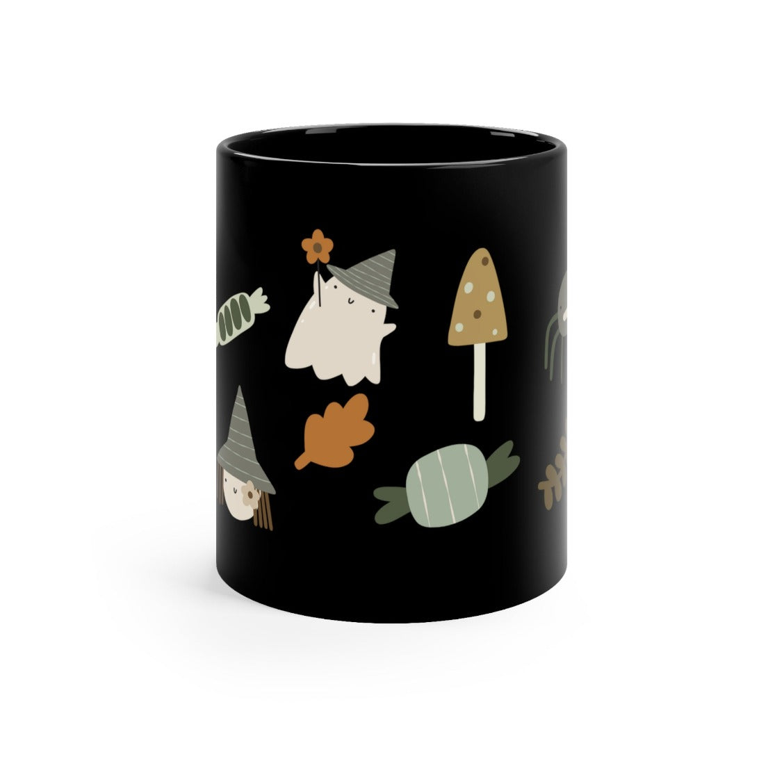 black coffee mug with cute halloween graphics