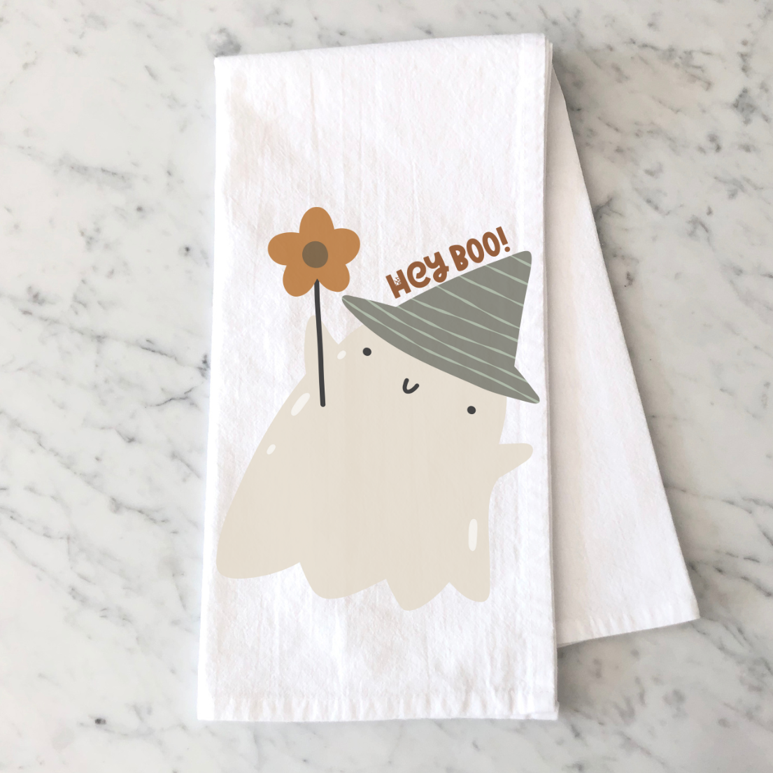 hey boo with cute ghost on a kitchen towel
